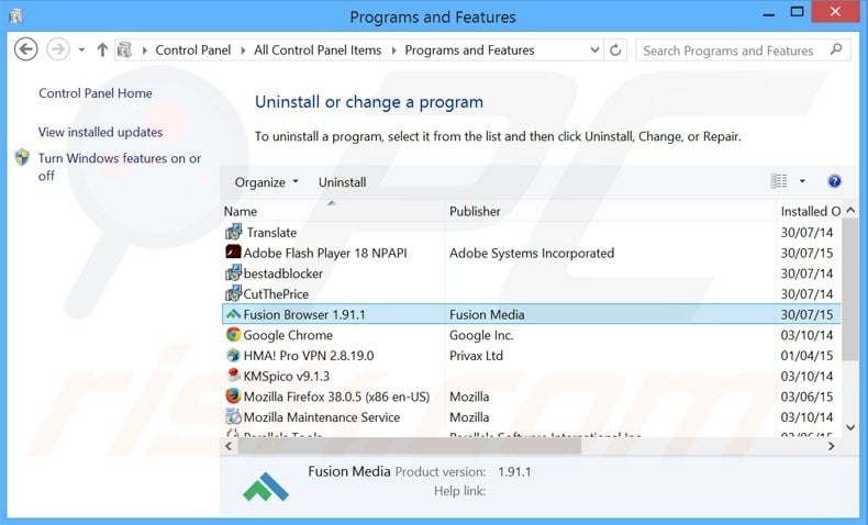 Fusion Browser adware uninstall via Control Panel