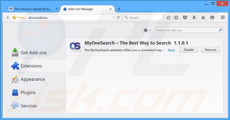 Removing MyOneSearch.net related Mozilla Firefox extensions