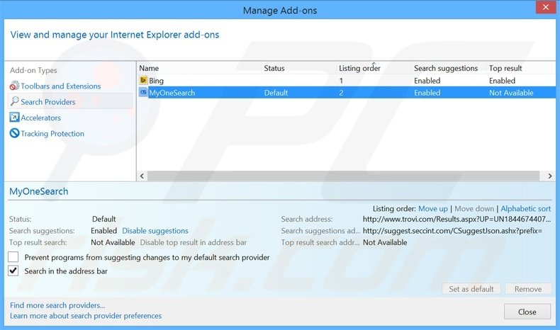 Removing MyOneSearch.net from Internet Explorer default search engine