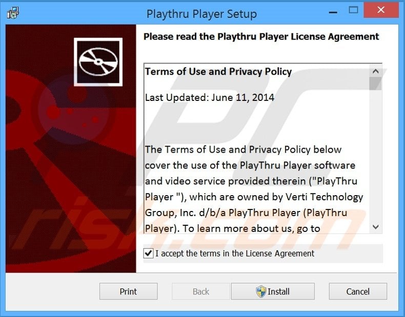 Deceptive free software installer used in Playthru Player distribution (sample 2)