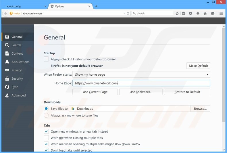 Removing plusnetwork.com from Mozilla Firefox homepage