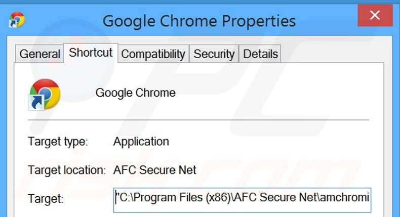 Removing search.protectedio.com from Google Chrome shortcut target step 2