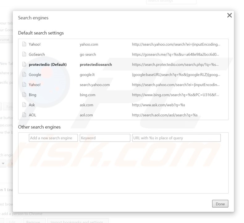 Removing search.protectedio.com from Google Chrome default search engine