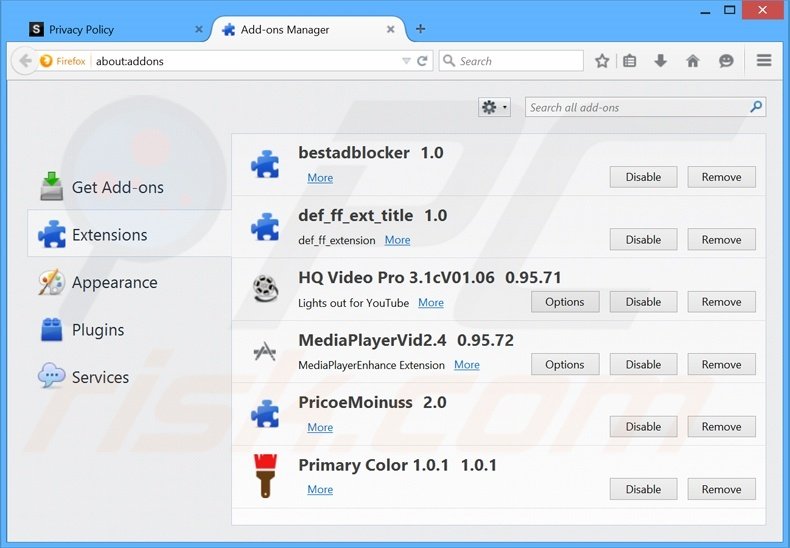 Removing search.protectedio.com related Mozilla Firefox extensions