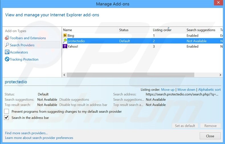 Removing search.protectedio.com from Internet Explorer default search engine