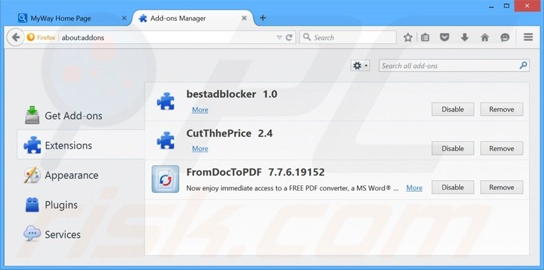 Removing search.myway.com related Mozilla Firefox extensions
