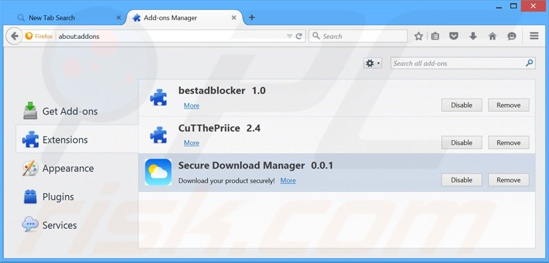 Removing search.secure-dm.com related Mozilla Firefox extensions