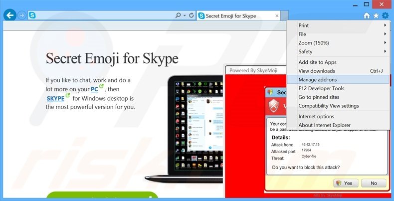 Removing SkyeMoji ads from Internet Explorer step 1