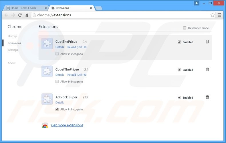 Removing TermCoach ads from Google Chrome step 2