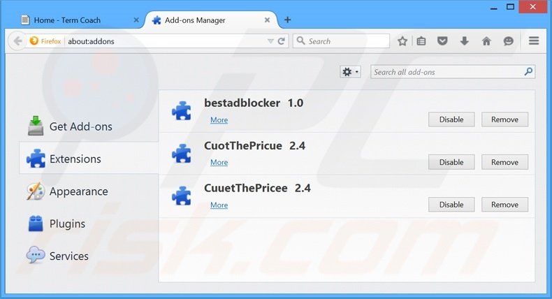 Removing TermCoach ads from Mozilla Firefox step 2