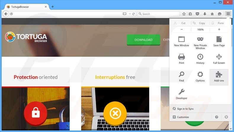Removing Tortuga ads from Mozilla Firefox step 1