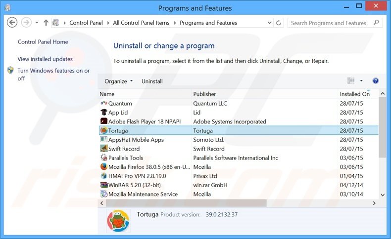 Tortuga adware uninstall via Control Panel
