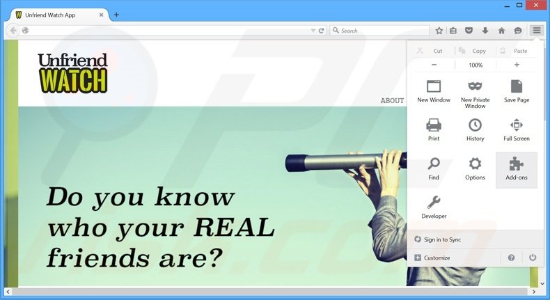 Removing Unfriend Watch ads from Mozilla Firefox step 1