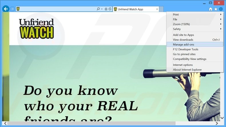 Removing Unfriend Watch ads from Internet Explorer step 1