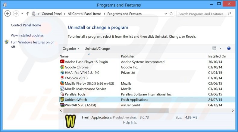 Unfriend Watch adware uninstall via Control Panel