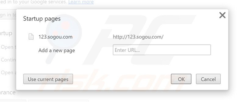 Removing 123.sogou.com from Google Chrome homepage