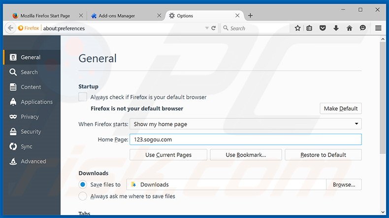 Removing 123.sogou.com from Mozilla Firefox homepage