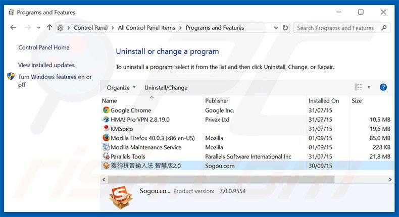 123.sogou.com browser hijacker uninstall via Control Panel