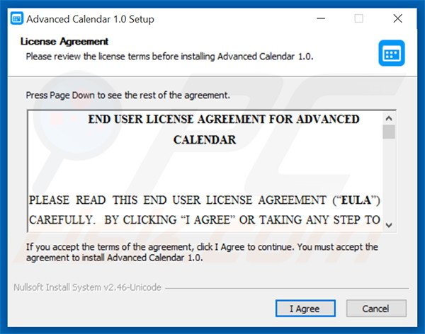 Official Advanced Calendar adware installation setup