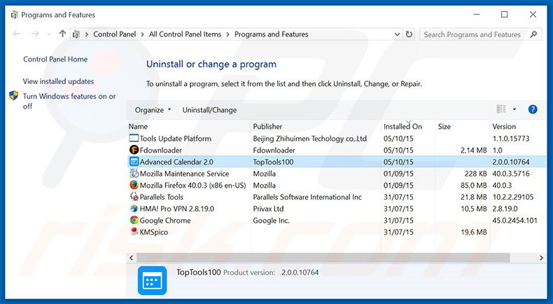 Advanced Calendar adware uninstall via Control Panel