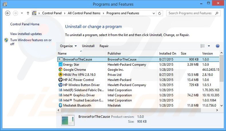 Browse For The Cause adware uninstall via Control Panel