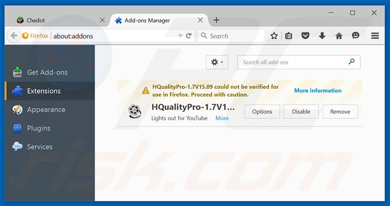 Removing Chedot Browser ads from Mozilla Firefox step 2