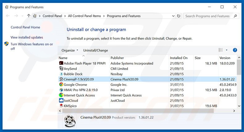 CinemaP adware uninstall via Control Panel