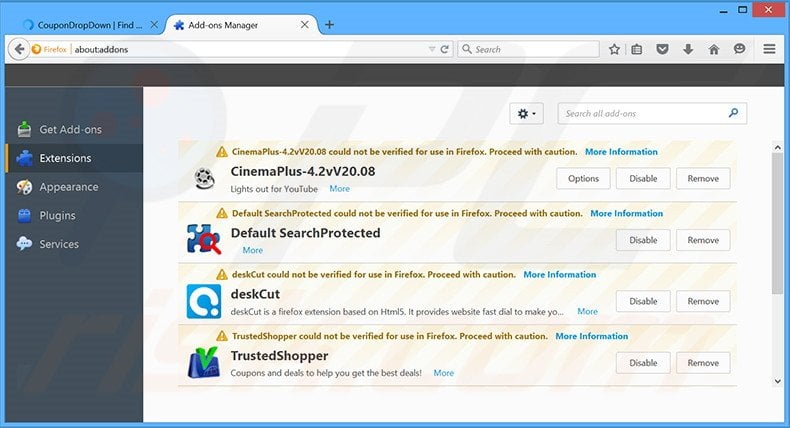 Removing CouponDropDown ads from Mozilla Firefox step 2