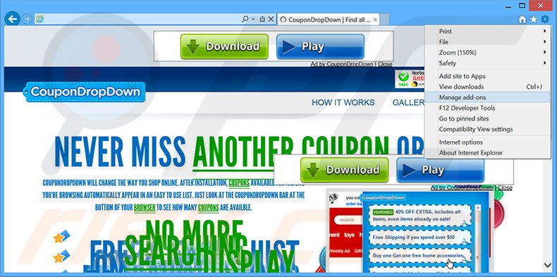 Removing CouponDropDown ads from Internet Explorer step 1