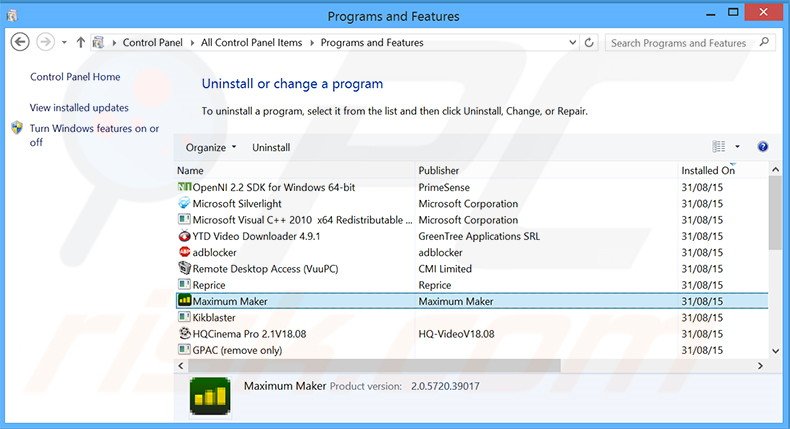 Maximum Maker adware uninstall via Control Panel