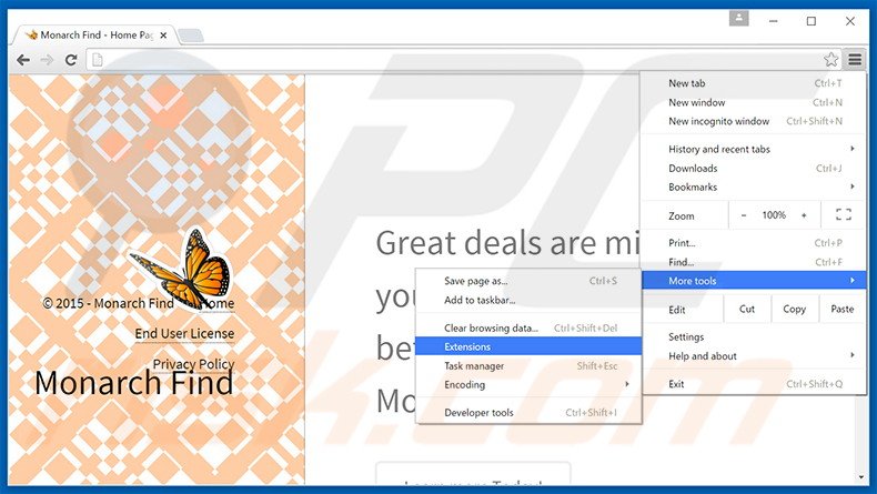 Removing Monarch Find  ads from Google Chrome step 1