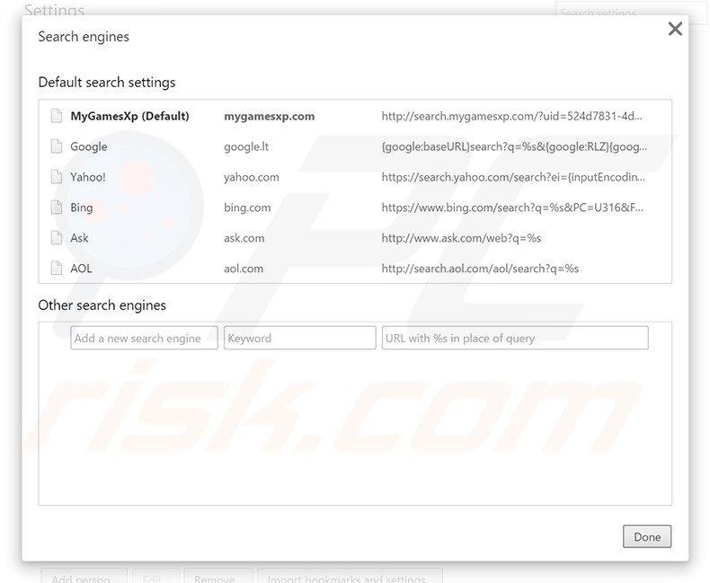 Removing search.mygamesxp.com from Google Chrome default search engine