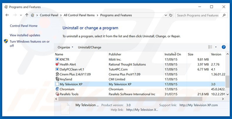 search.mytelevisionxp.com browser hijacker uninstall via Control Panel