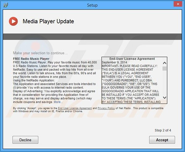 Delusive software installer bundling NetRadio adware