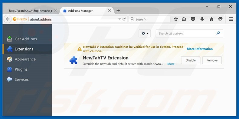 Removing search.newtabtvsearch.com related Mozilla Firefox extensions