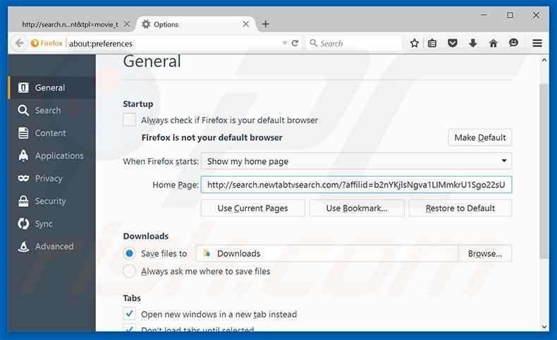 Removing search.newtabtvsearch.com from Mozilla Firefox homepage