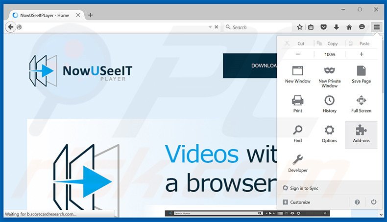 Removing NowUSeeIt Player ads from Mozilla Firefox step 1