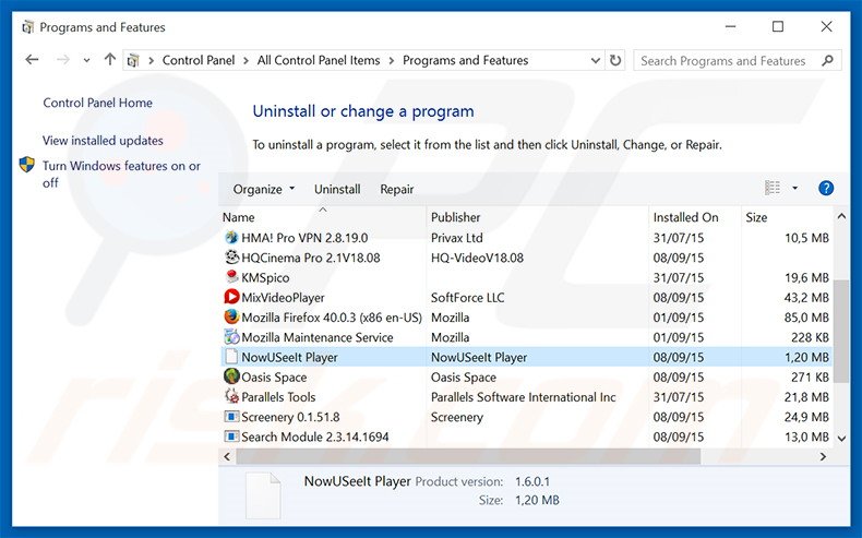 NowUSeeIt Player adware uninstall via Control Panel