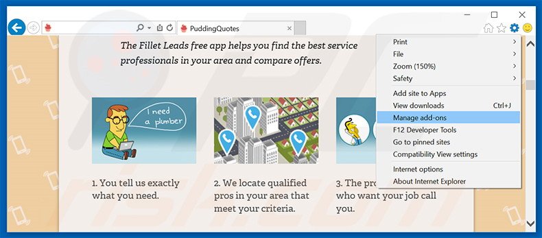 Removing PuddingQuotes ads from Internet Explorer step 1
