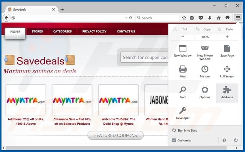 Removing SaveDeals ads from Mozilla Firefox step 1