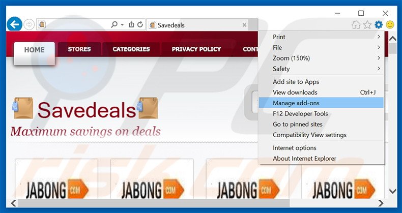 Removing SaveDeals ads from Internet Explorer step 1
