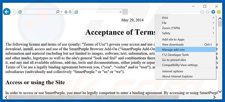 Removing SmartPurple ads from Internet Explorer step 1