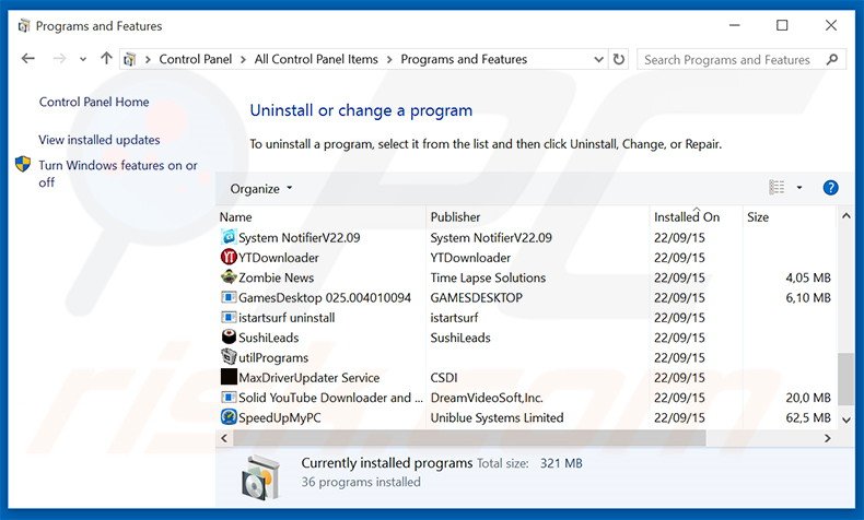 Sonic Train adware uninstall via Control Panel