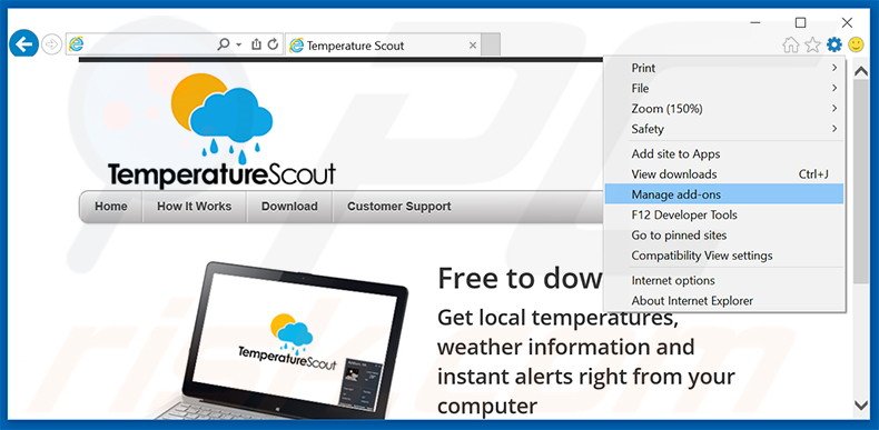 Removing Temperature Scout ads from Internet Explorer step 1