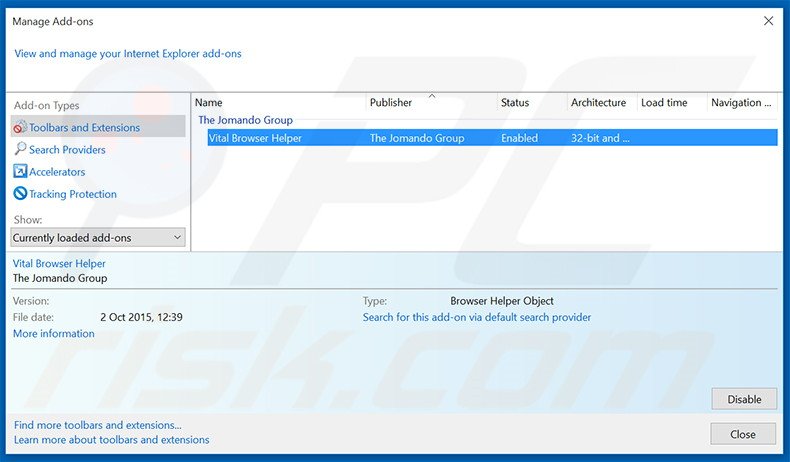Removing Vital Browser Helper ads from Internet Explorer step 2