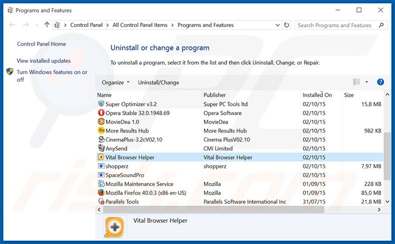 Vital Browser Helper adware uninstall via Control Panel