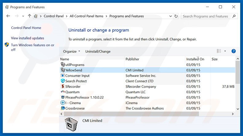 YellowSend adware uninstall via Control Panel