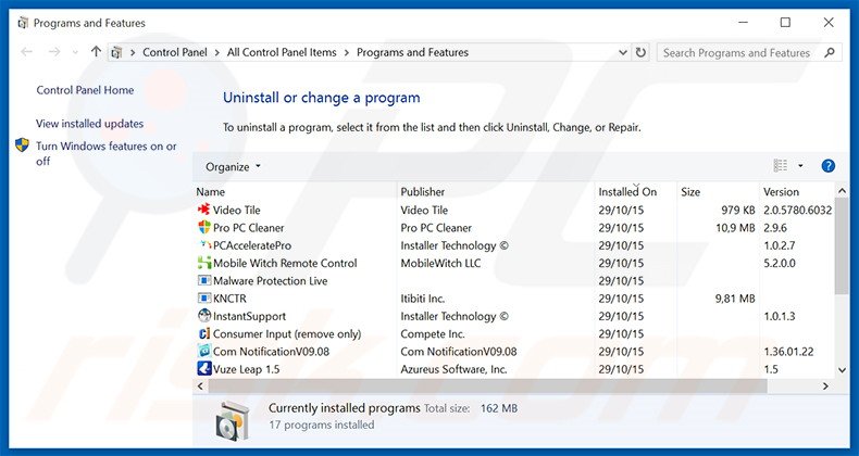 Candle Jar adware uninstall via Control Panel