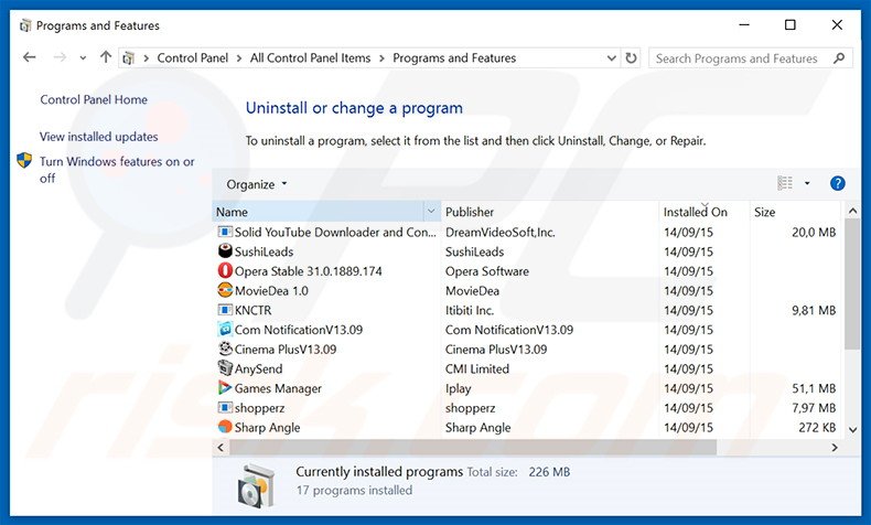 CashBack adware uninstall via Control Panel