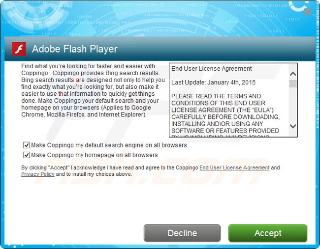 Delusive installer used to distribute coppingo.com browser hijacker